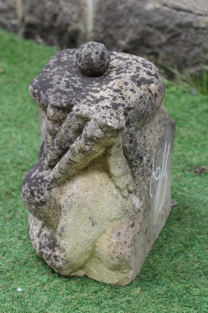 A VICTORIAN CARVED SANDSTONE BUST OF A SCOTSMAN with tam o' shanter and bagpipes, 12" x 13 1/2" Image
