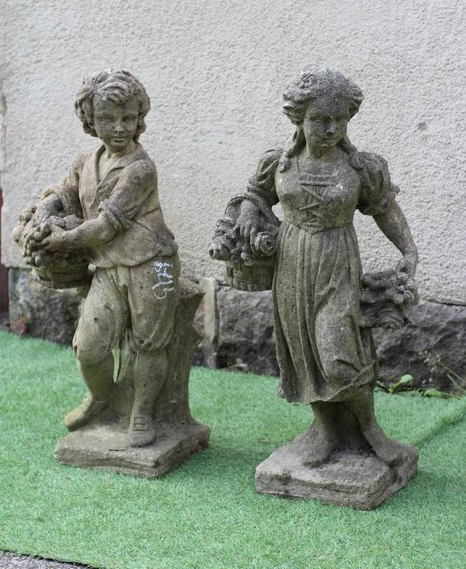 A PAIR OF CAST STONE ALLEGORICAL FIGURES of Summer and Autumn, raised on oblong base, 30" high (Est. Image