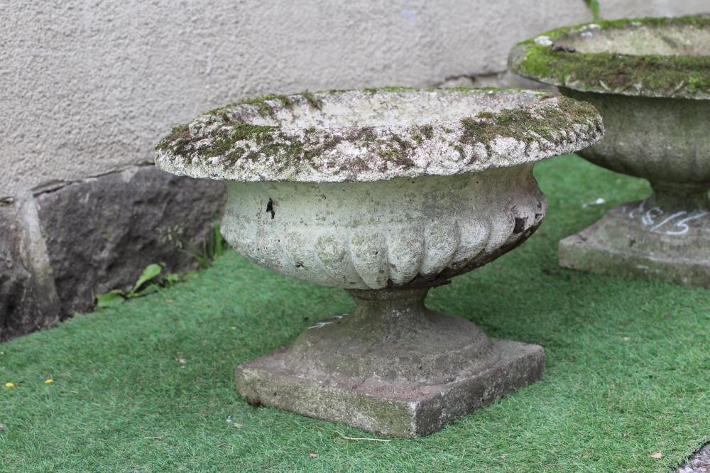 A PAIR OF CAST STONE URNS, the shallow half fluted bowl with ovolo moulded rim, moulded socle and Image