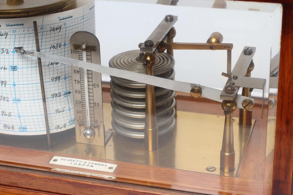 AN OAK CASED BAROGRAPH BY NEGRETTI AND ZAMBRA, early 20th century, with thermometer, the bevelled Image