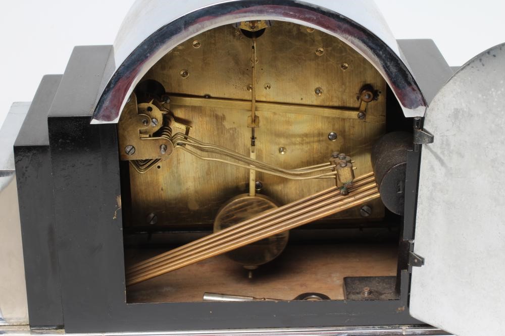 AN ART DECO CHROME CASED CHIMING MANTEL CLOCK Image