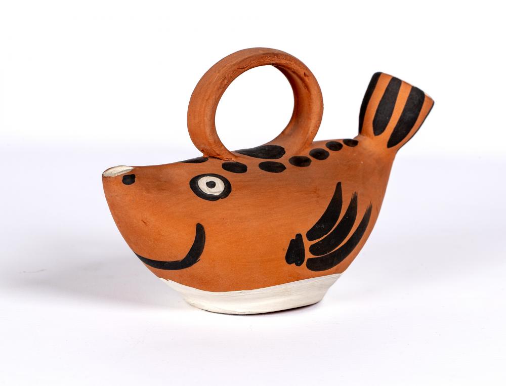 PABLO PICASSO (1881-1973) A red earthenware fish pitcher with black and white markings Image