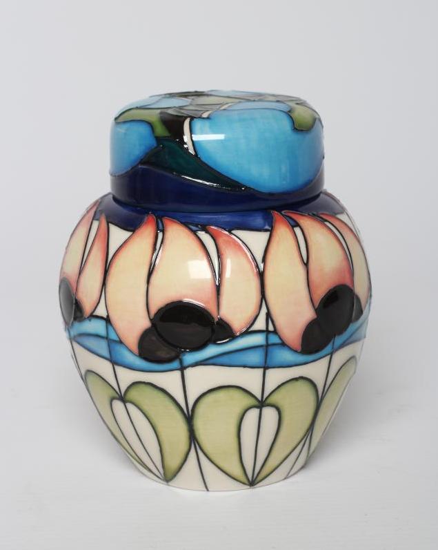 A MOORCROFT POTTERY BAILLIE PATTERN JAR AND COVER, 2015, designed by Emma Bossons, impressed and Image