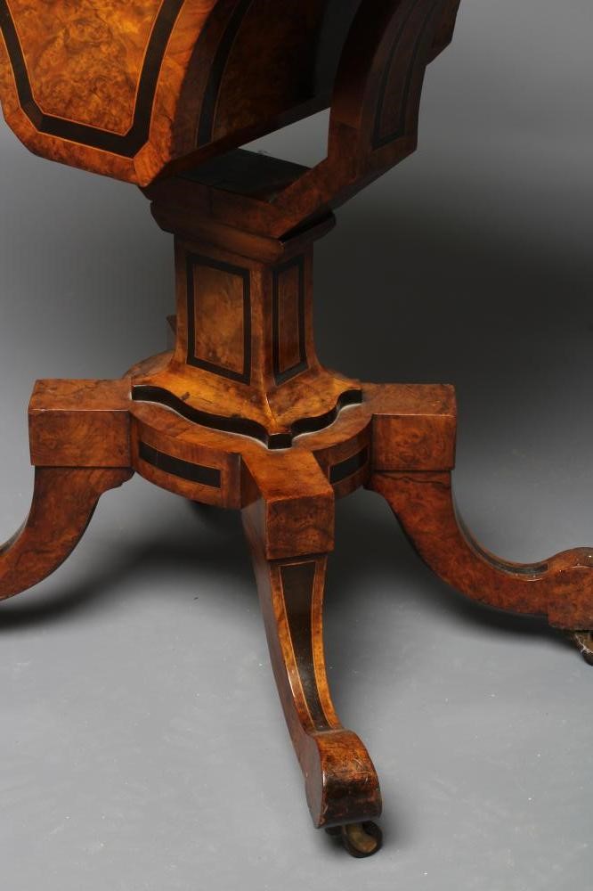 A VICTORIAN BURR WALNUT WORK TABLE of canted oblong form with ebonised banding and stringing Image