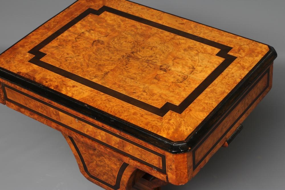 A VICTORIAN BURR WALNUT WORK TABLE of canted oblong form with ebonised banding and stringing Image