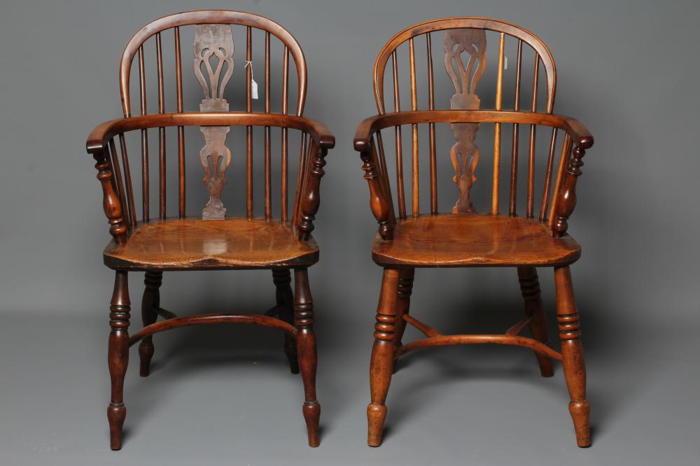 A MATCHED PAIR OF YEW AND ELM WINDSOR ARMCHAIRS Image