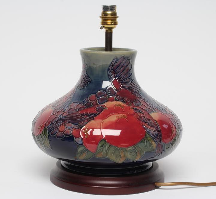 A MOORCROFT POTTERY FINCHES PATTERN ELECTRIC TABLE LAMP BASE, modern, of squat globular form Image