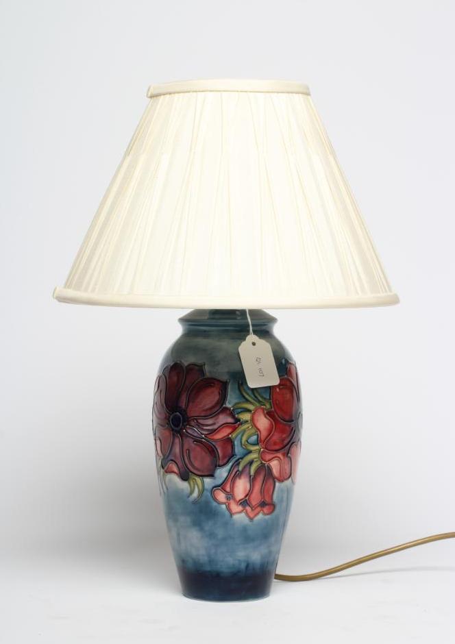 A MOORCROFT POTTERY ANEMONE PATTERN ELECTRIC TABLE LAMP BASE, mid 20th century, of slender ovoid Image