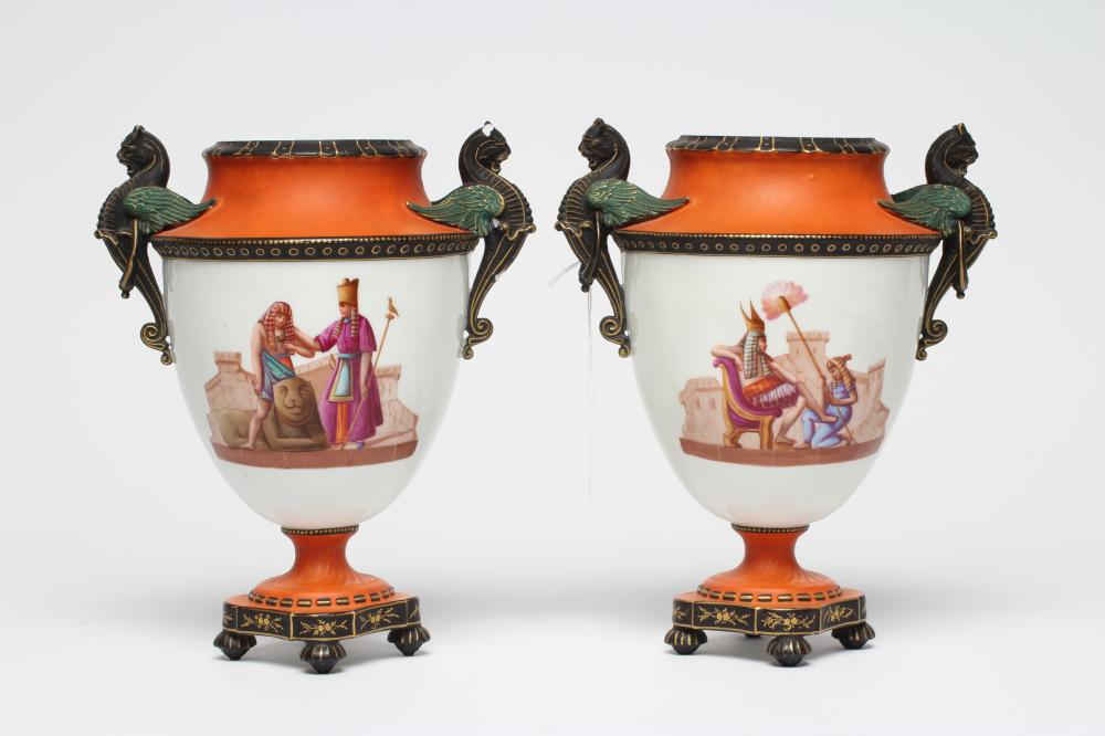 A PAIR OF FRENCH WHITE OPAQUE GLASS EMPIRE STYLE URNS Image