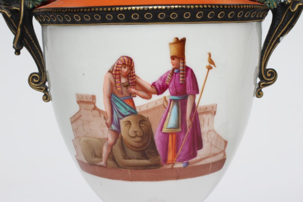 A PAIR OF FRENCH WHITE OPAQUE GLASS EMPIRE STYLE URNS Image