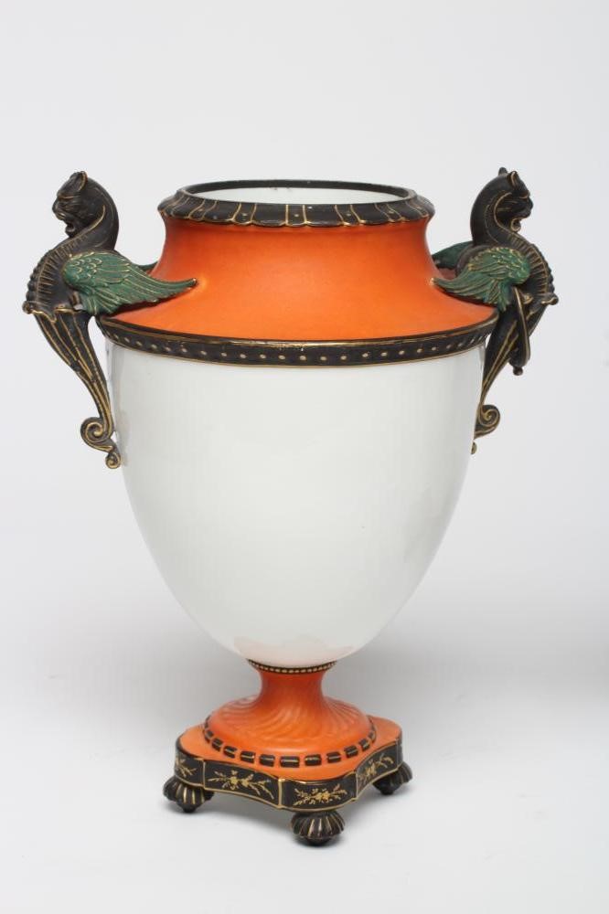 A PAIR OF FRENCH WHITE OPAQUE GLASS EMPIRE STYLE URNS Image