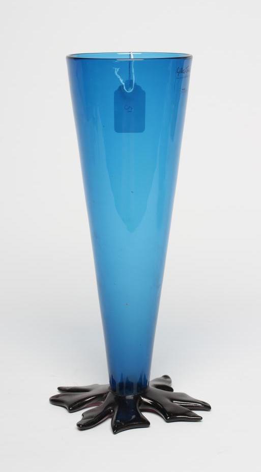A GILLIES JONES (ROSEDALE) BLUE GLASS VASE, modern, of conical form on a flattened leaf foot, etched Image