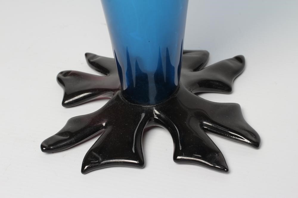 A GILLIES JONES (ROSEDALE) BLUE GLASS VASE, modern, of conical form on a flattened leaf foot, etched Image