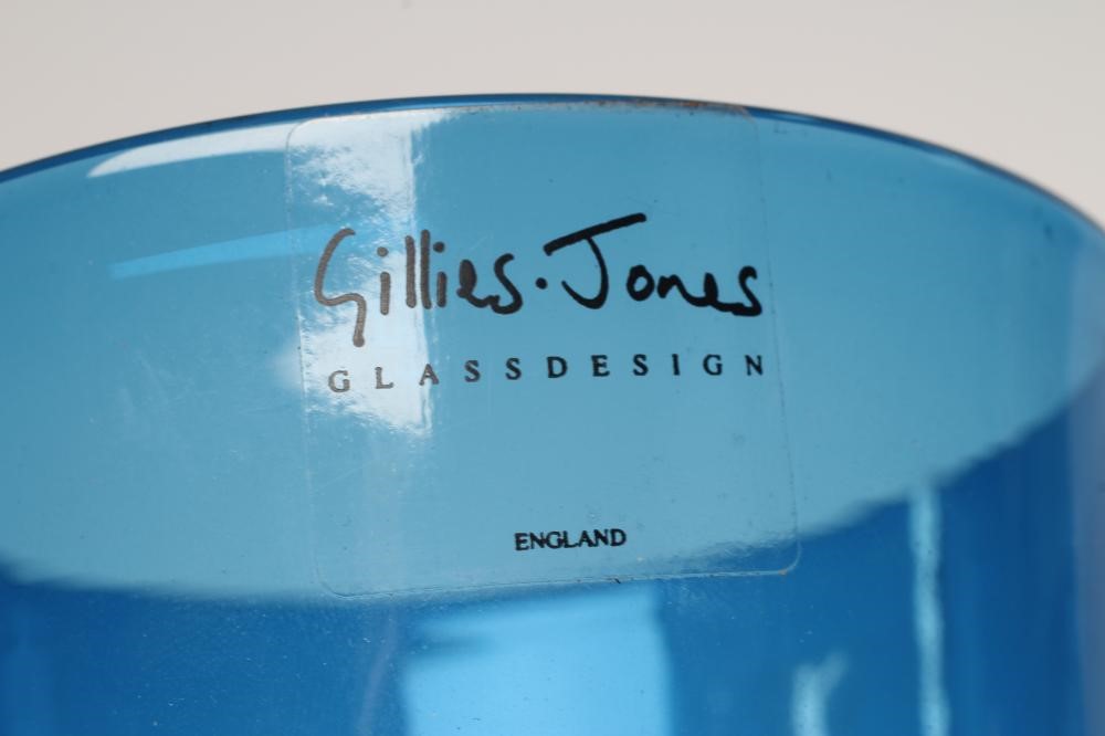 A GILLIES JONES (ROSEDALE) BLUE GLASS VASE, modern, of conical form on a flattened leaf foot, etched Image