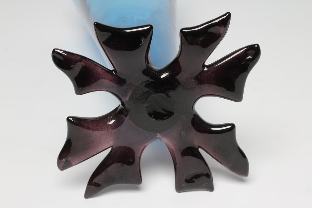 A GILLIES JONES (ROSEDALE) BLUE GLASS VASE, modern, of conical form on a flattened leaf foot, etched Image