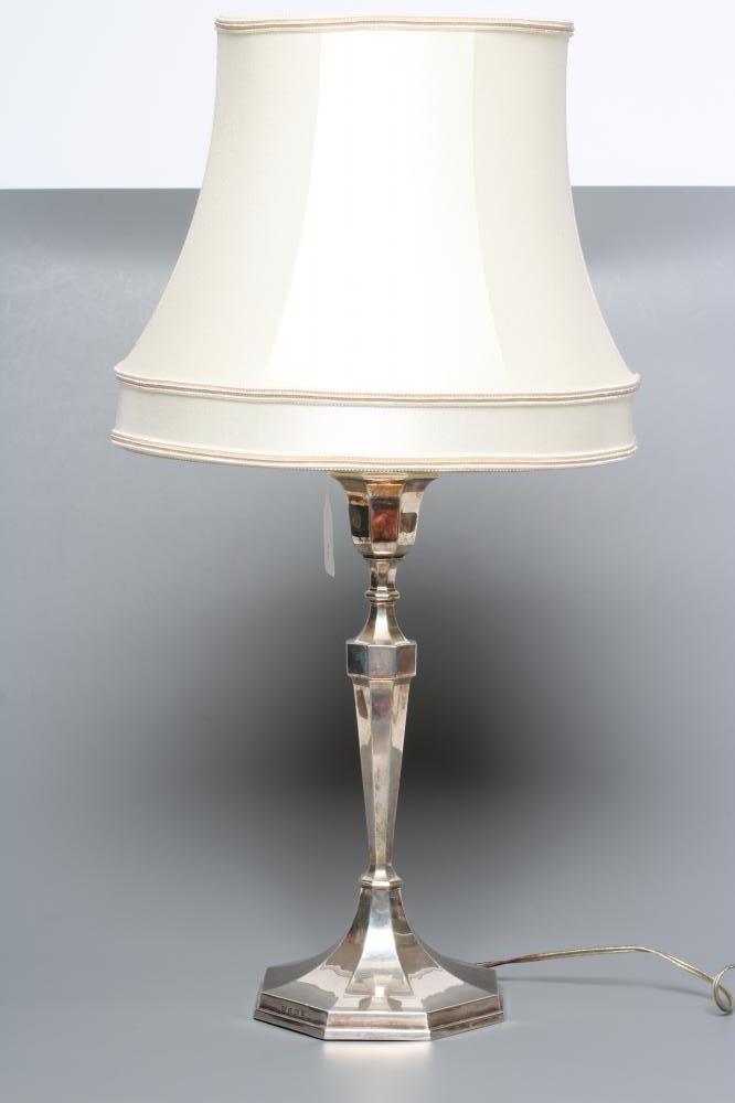 AN ELECTRIC SILVER TABLE LAMP BASE, maker Blankensee & Son Ltd., Birmingham 1928, of swept octagonal Image