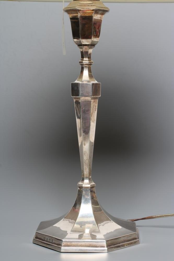 AN ELECTRIC SILVER TABLE LAMP BASE, maker Blankensee & Son Ltd., Birmingham 1928, of swept octagonal Image