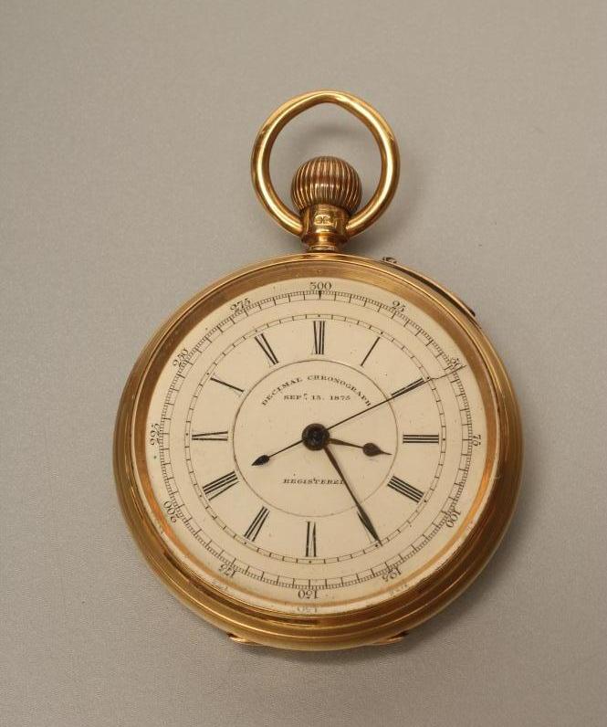 A GENTLEMAN'S VICTORIAN 18CT GOLD TOP WIND 'DECIMAL CHRONOGRAPH' Image