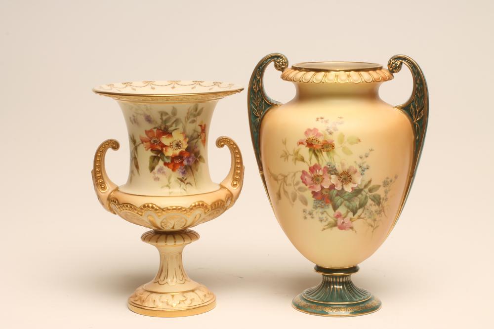 A ROYAL WORCESTER CHINA BLUSH IVORY CAMPANA URN Image