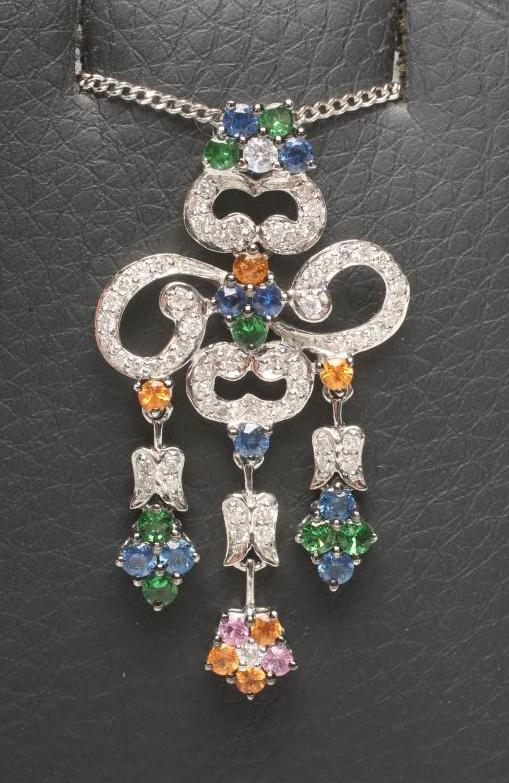 A DIAMOND AND MULTI-GEM 18CT WHITE GOLD PENDANT Image