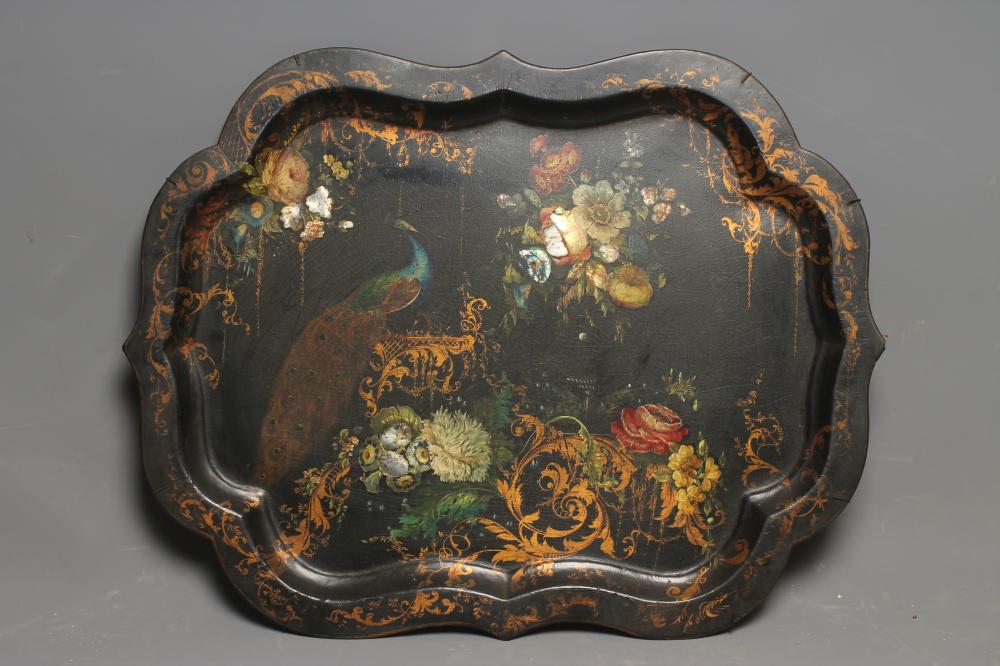AN EARLY VICTORIAN PAPIER MACHE TRAY of shaped oblong form Image