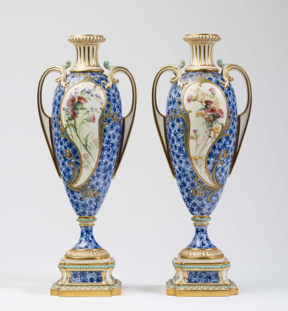 A PAIR OF LATE VICTORIAN ROYAL WORCESTER CHINA VASES of slender ovoid form with acanthus leaf Image