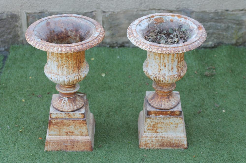 A PAIR OF SMALL CAST IRON GARDEN URNS of fluted campana form with ovolu rim and square base Image