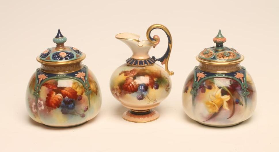 A MATCHED HARLEQUIN PAIR OF ROYAL WORCESTER CHINA POT POURRIS AND COVERS Image