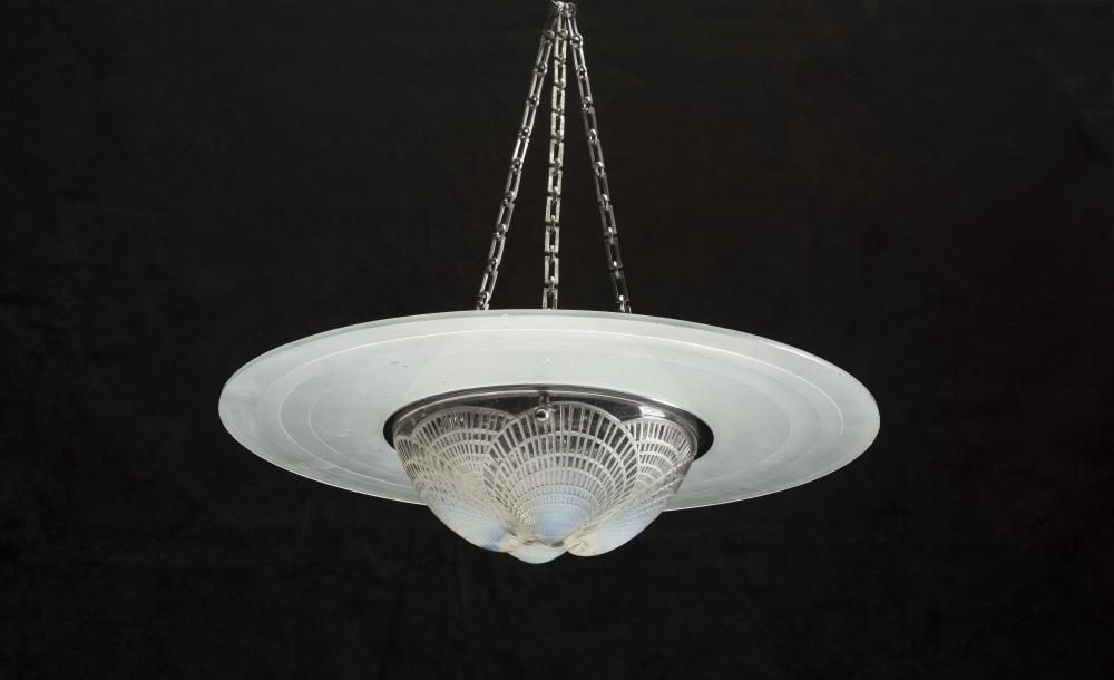 A LALIQUE PALE BLUE OPALESCENT GLASS SMALL PLAFFONIER in "Coquilles" pattern Image