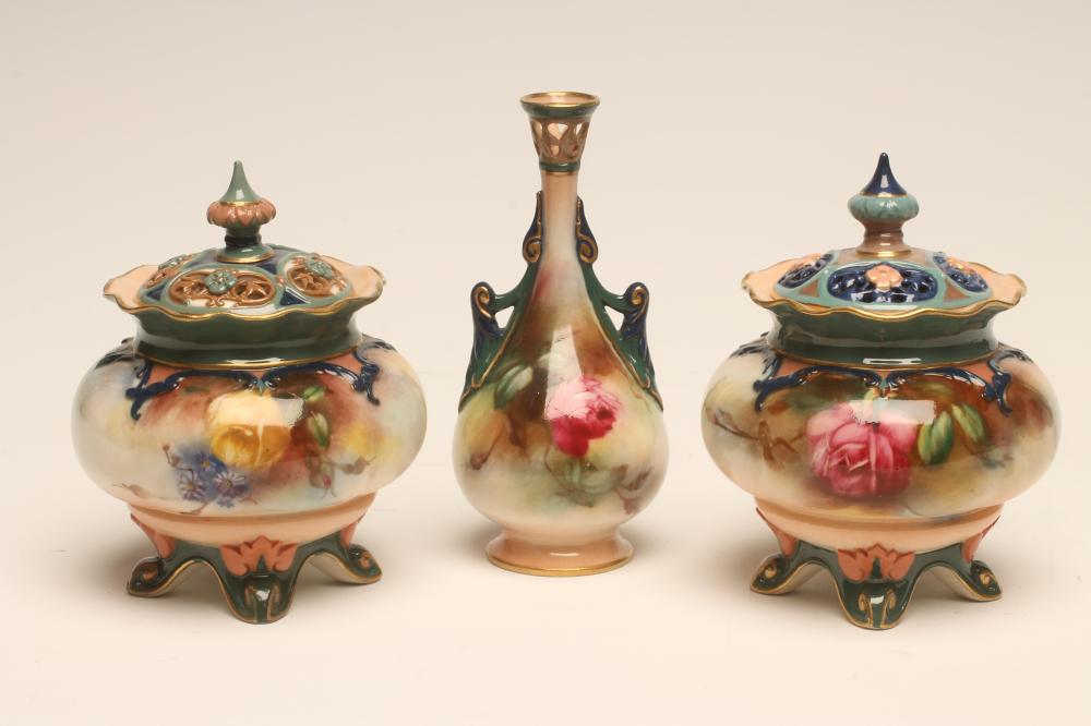 A HARLEQUIN PAIR OF ROYAL WORCESTER CHINA POT POURRIS AND COVERS Image