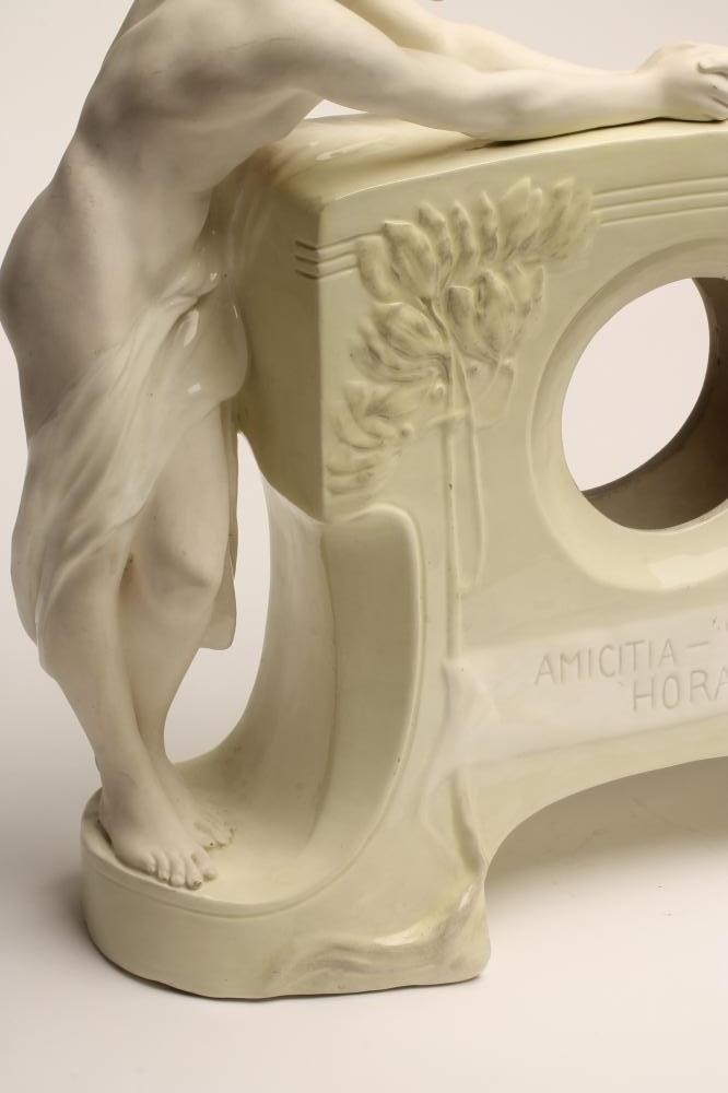 A SECESSIONIST GOLDSCHEIDER EARTHENWARE FIGURAL MANTEL CLOCK CASE Image