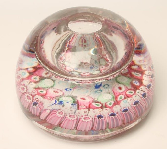 A VICTORIAN ENGLISH MILLEFIORE SCENT BOTTLE of domed form with coloured glass canes to base Image
