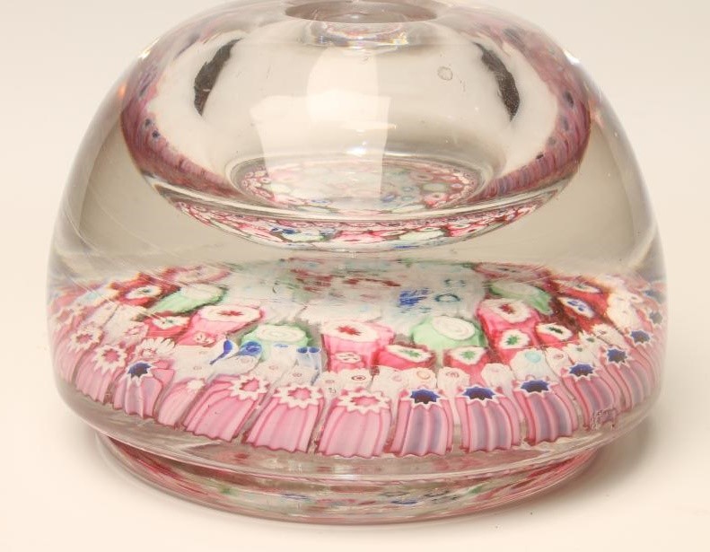 A VICTORIAN ENGLISH MILLEFIORE SCENT BOTTLE of domed form with coloured glass canes to base Image
