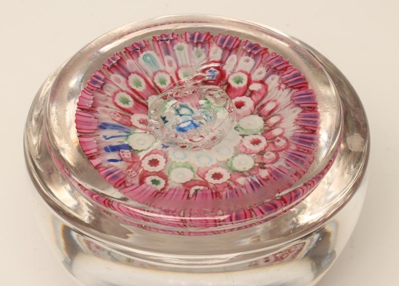 A VICTORIAN ENGLISH MILLEFIORE SCENT BOTTLE of domed form with coloured glass canes to base Image