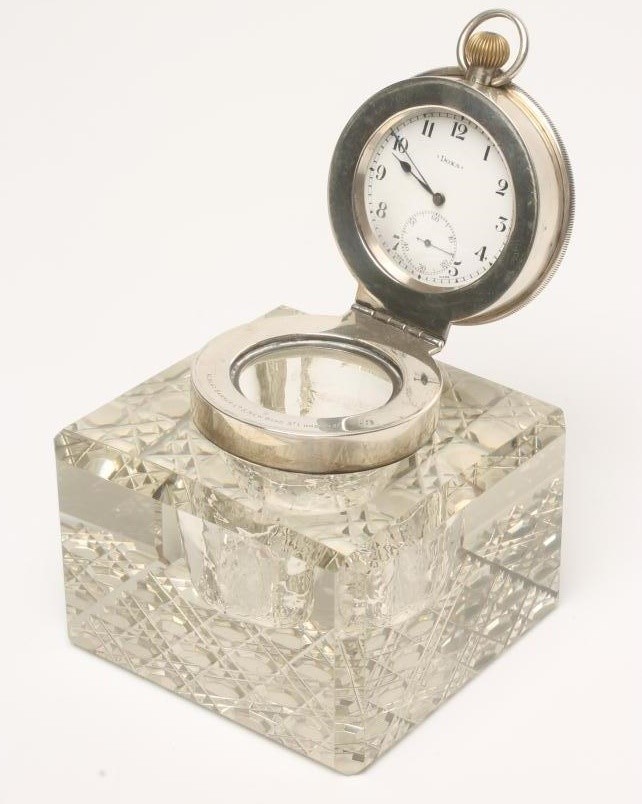 AN EDWARDIAN HEAVY GLASS SILVER MOUNTED INKWELL Image