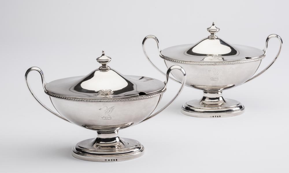 A PAIR OF GEORGE III SILVER SAUCE TUREENS AND COVERS Image