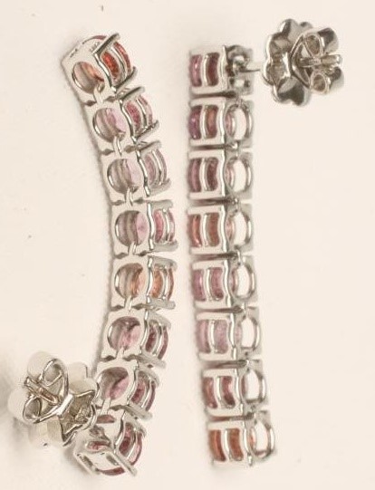 A PAIR OF MULTI-COLOURED SAPPHIRE PENDANT EAR STUDS Image