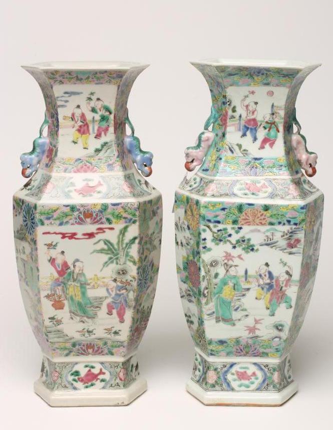 A PAIR OF CHINESE PORCELAIN VASES of inverted baluster hexagonal form with chi-long handles painted Image