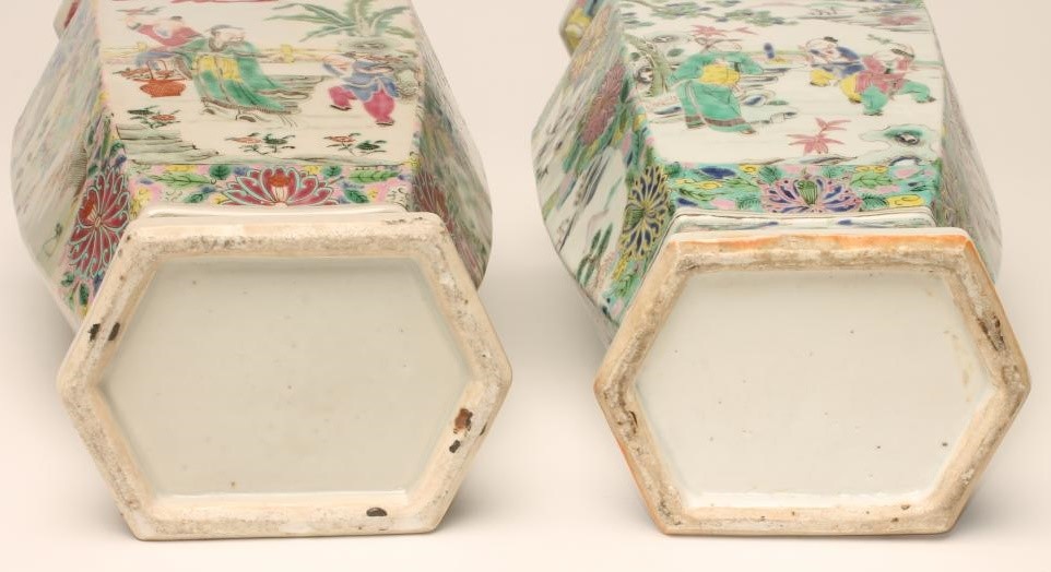 A PAIR OF CHINESE PORCELAIN VASES of inverted baluster hexagonal form with chi-long handles painted Image
