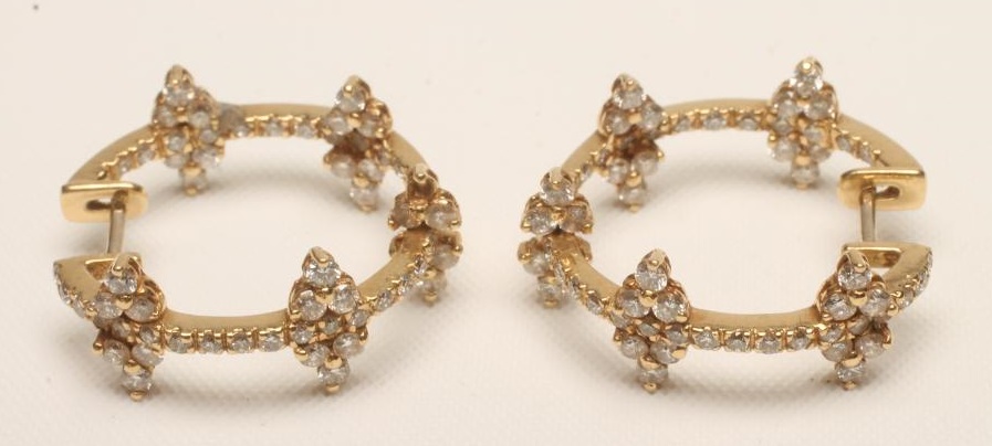 A PAIR OF DIAMOND SET 18CT GOLD HOOP EARRINGS Image
