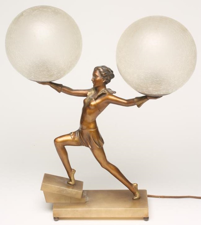 AN ART DECO BRONZED SPELTER FIGURAL TABLE LAMP Image