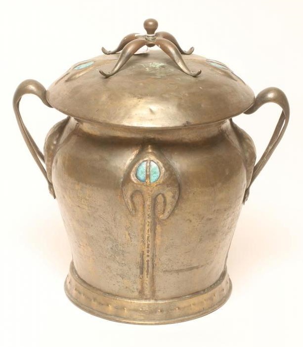 AN ARTS AND CRAFTS PLANISHED METAL COAL VASE AND COVER Image