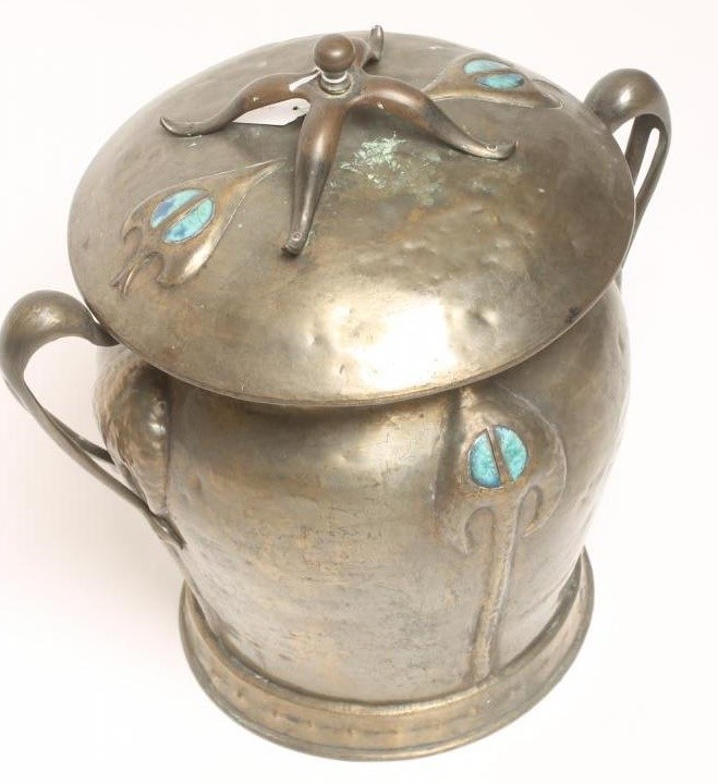 AN ARTS AND CRAFTS PLANISHED METAL COAL VASE AND COVER Image