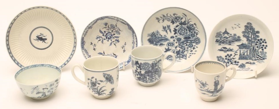 A COLLECTION OF FIRST PERIOD WORCESTER BLUE AND WHITE PORCELAIN comprising a "Formal Rose Spray" Image