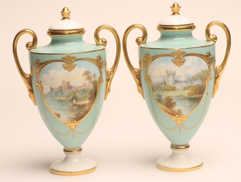 A PAIR OF MINTON CHINA VASES AND COVERS Image