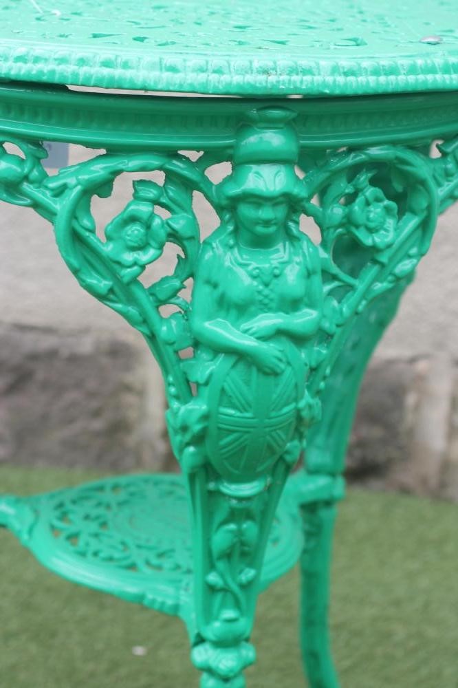 A VICTORIAN BRITANNIA CAST IRON GREEN PAINTED PUB TABLE by Baxendale & Co. Image