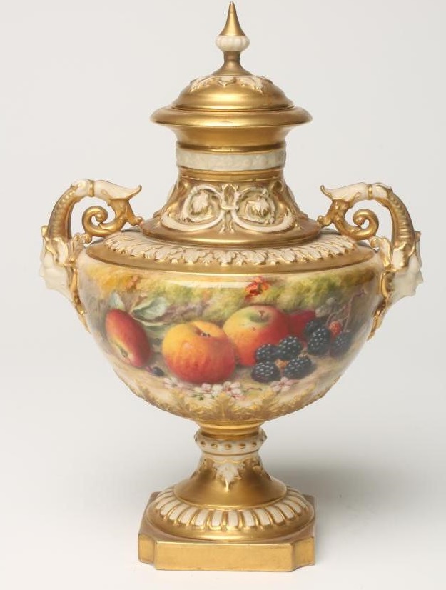 A ROYAL WORCESTER CHINA PEDESTAL VASE AND COVER Image