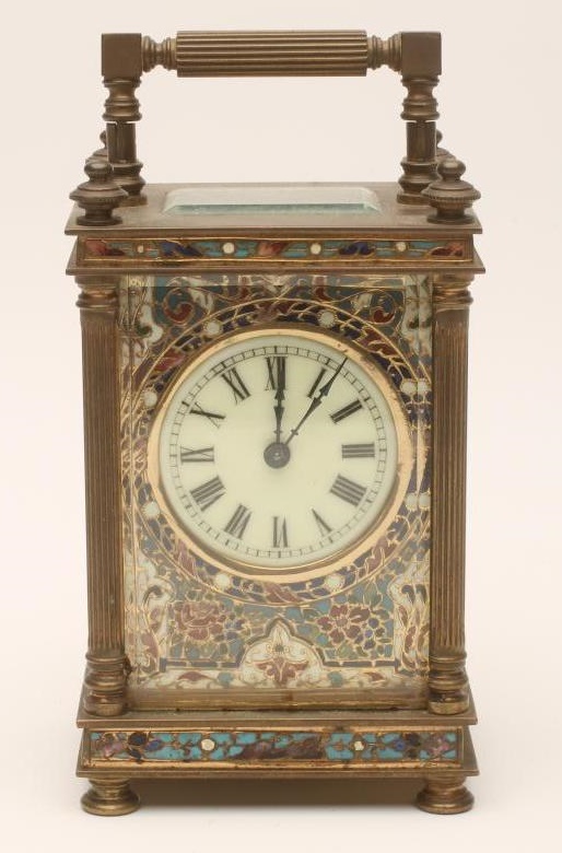 A BRASS AND CHAMPLEVE ENAMEL CASED CARRIAGE CLOCK Image
