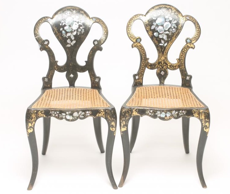 A PAIR OF VICTORIAN PAPIER MACHE SIDE CHAIRS of pierced spoonback form parcel gilt and inlaid with Image