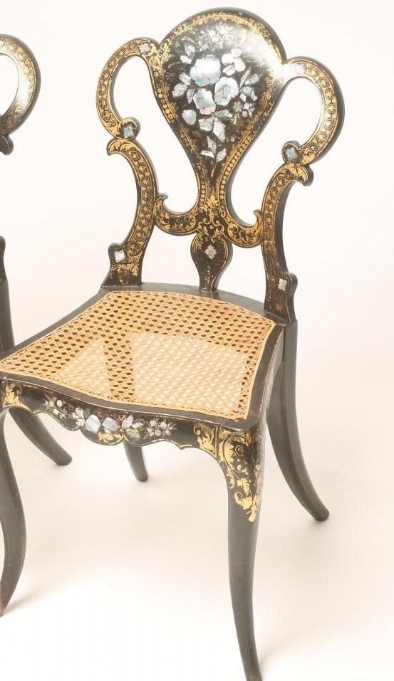 A PAIR OF VICTORIAN PAPIER MACHE SIDE CHAIRS of pierced spoonback form parcel gilt and inlaid with Image